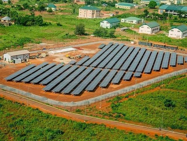 Aerial view of a solar power installation in Nigeria linked to public renewable energy infrastructure